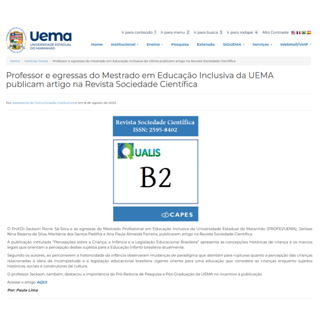 UEMA destaca Artigo publicado na Revista Sociedade Científica UEMA destaca Artigo publicado na Revista Sociedade Científica