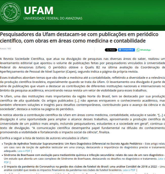 UFAM destaca publicações na Revista Sociedade Científica UFAM destaca publicações na Revista Sociedade Científica