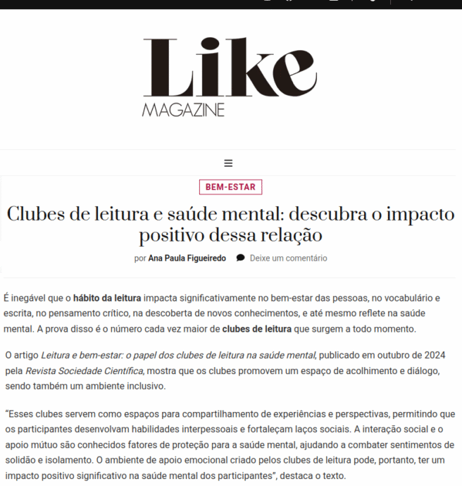 Like destaca artigo publicado na Revista Sociedade Científica